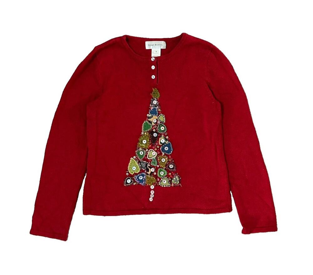 Susan Bristol Vintage Holiday Sweater Christmas Tree Embroidered Heart Women’s S